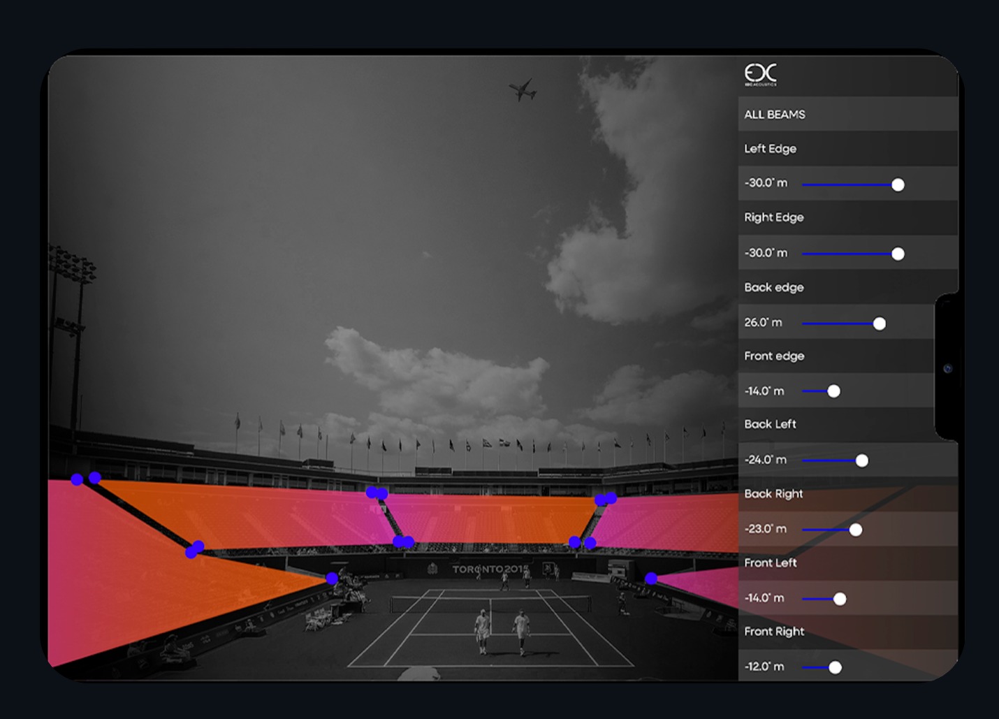 EDC Pro on an iPad: beam coverage drawn in augmented reality over a tennis stadium, with per-edge beam controls